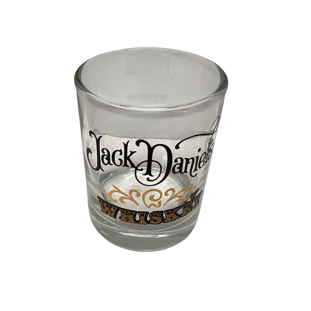 Jack Daniels Whiskey Shot Glass Clear Black Gold Logo Barware Old No 7 Tennessee